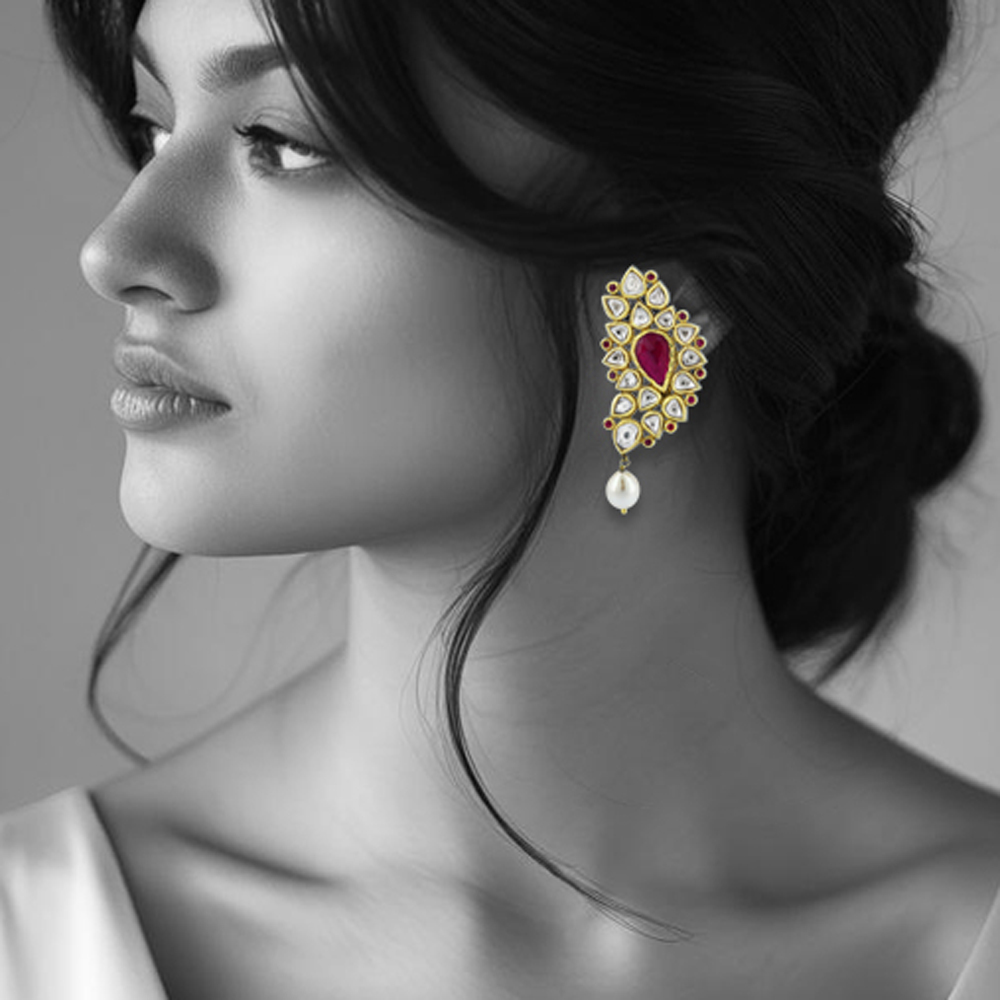 Polki Earrings with Ruby Colour Stone and South Sea Pearl Drop